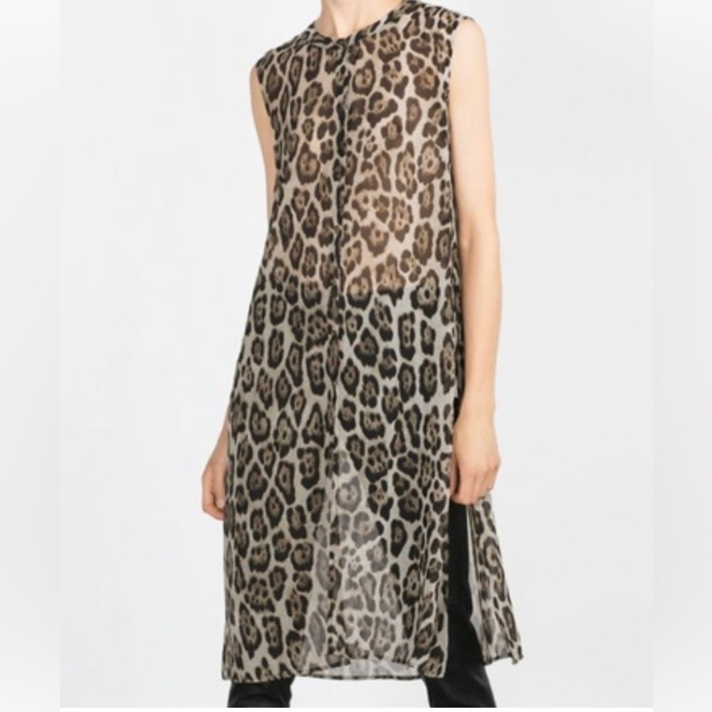 Zara Leopard Long Sheer Buttoned Coverup/Dress XS